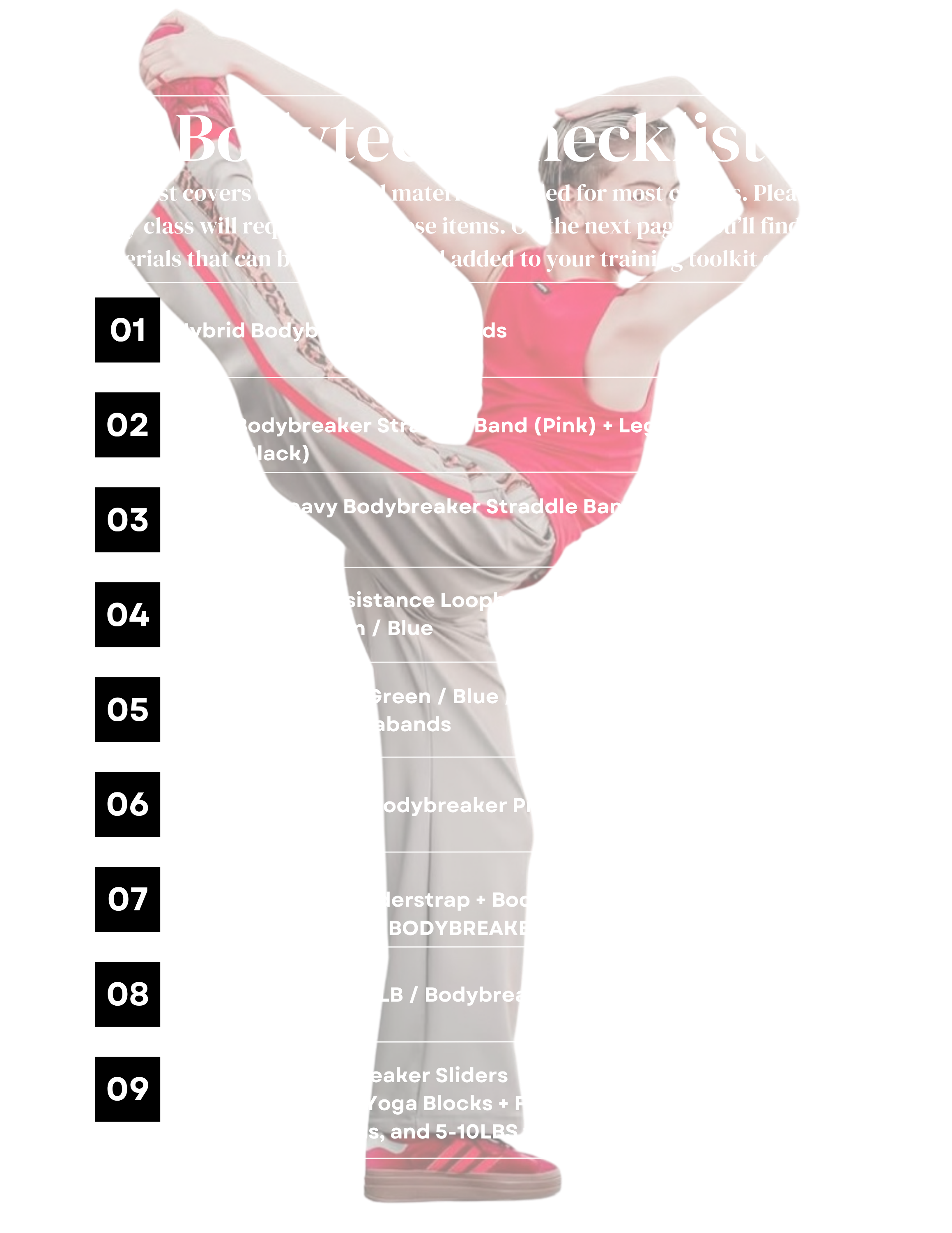 A person wearing a red shirt and beige pants, standing against a black background with overlaying text describing various fitness equipment and workout instructions.