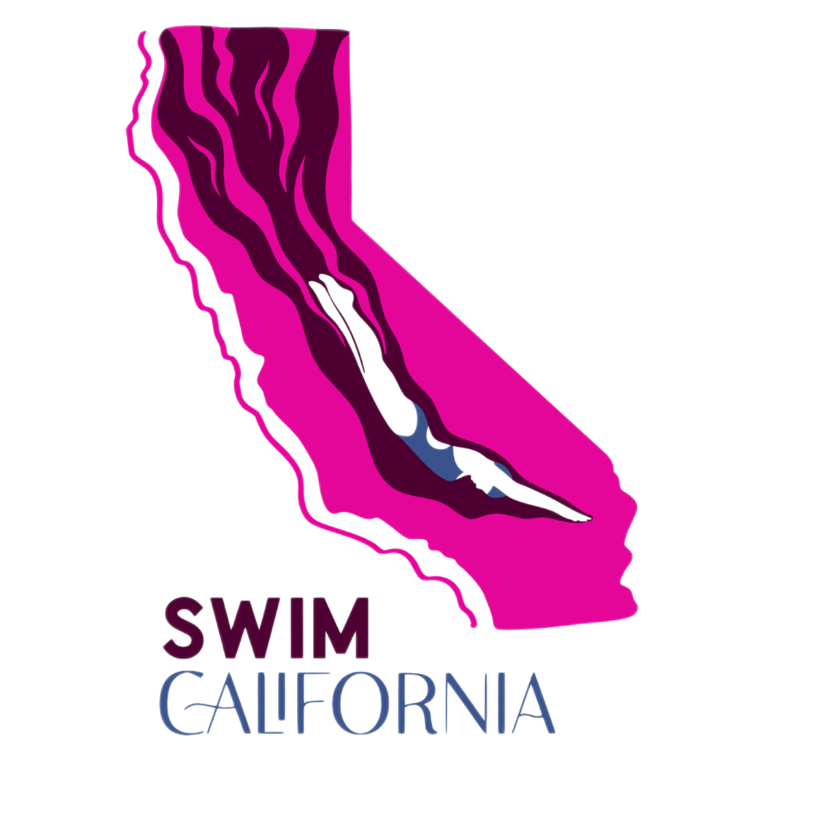 An illustration of the state of California in pink with the words "SWIM CALIFORNIA" underneath, promoting swimming in California.