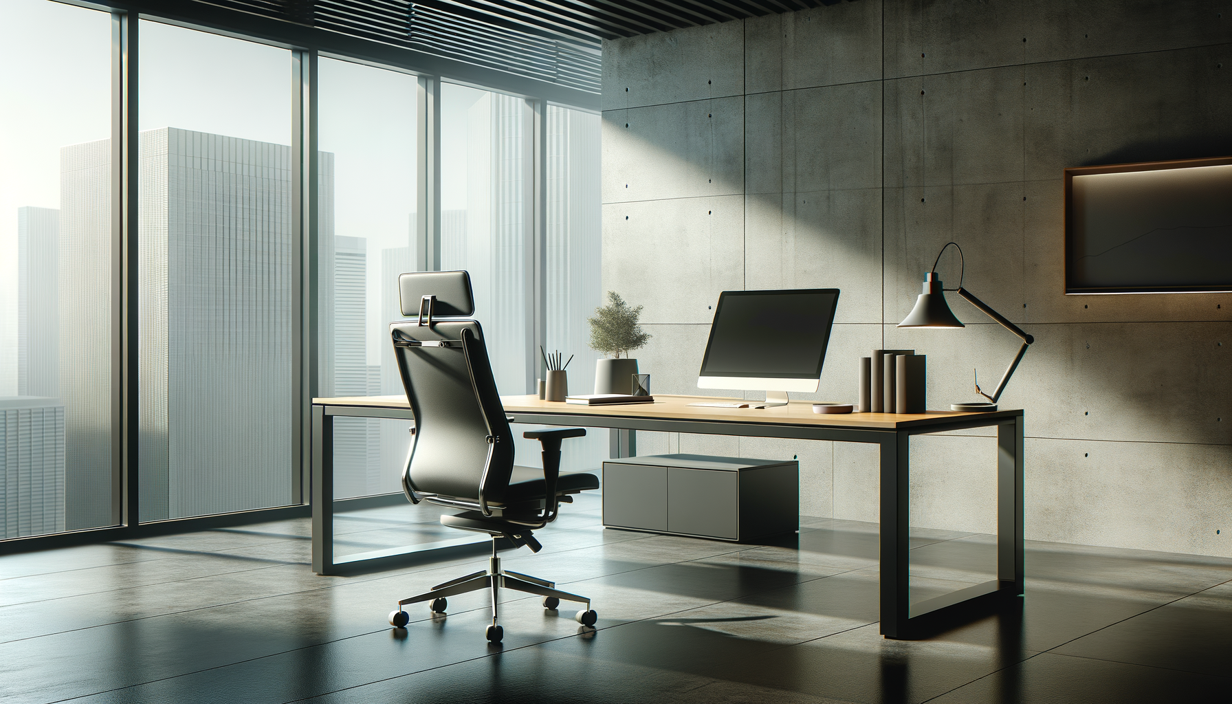 Modern office with large windows, a desk, an ergonomic chair, a computer monitor, lamp, potted plant, and city buildings outside
