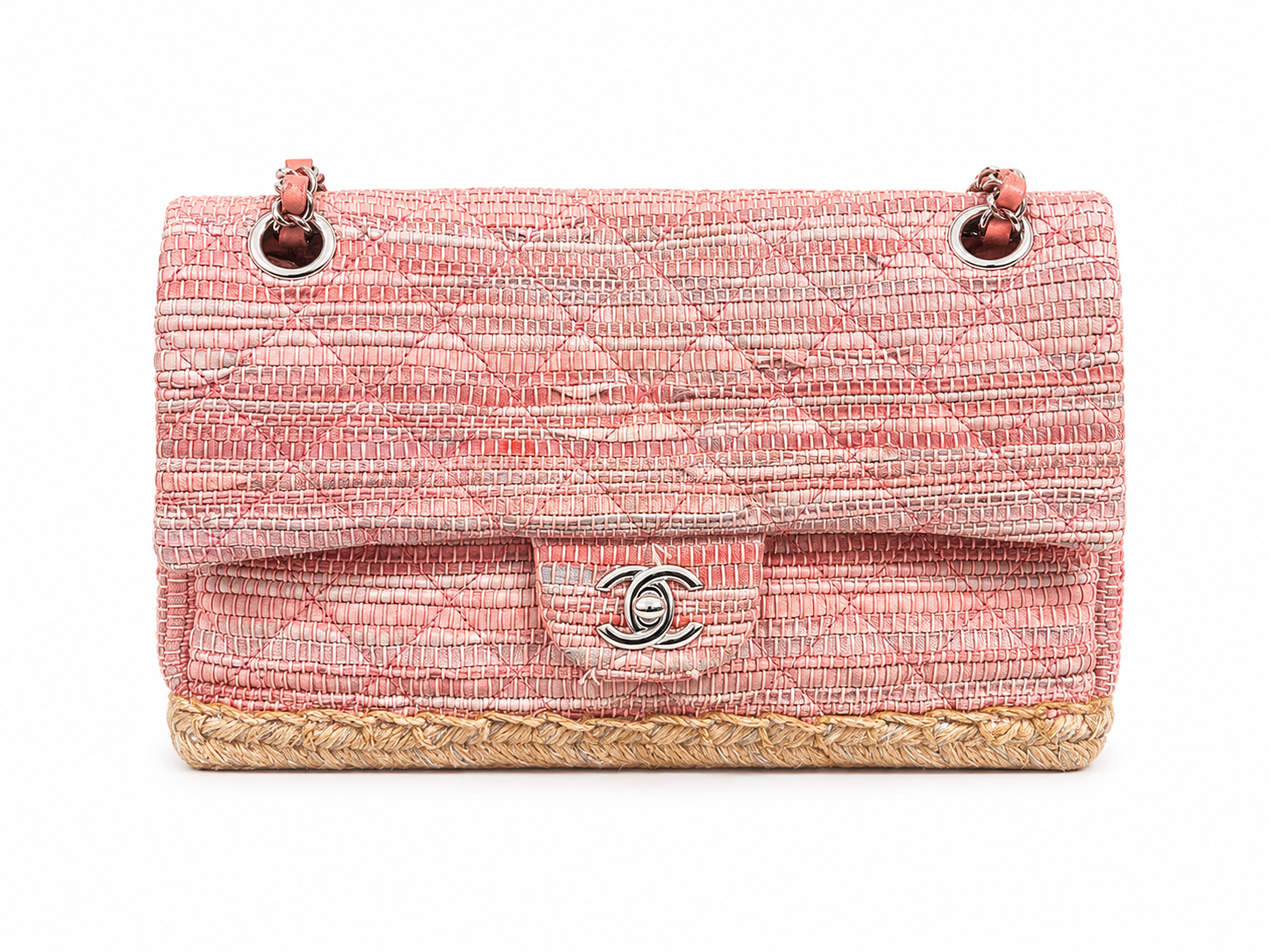 CHANEL Pink Raffia Tweed & Jute Espadrille Classic Flap Bag