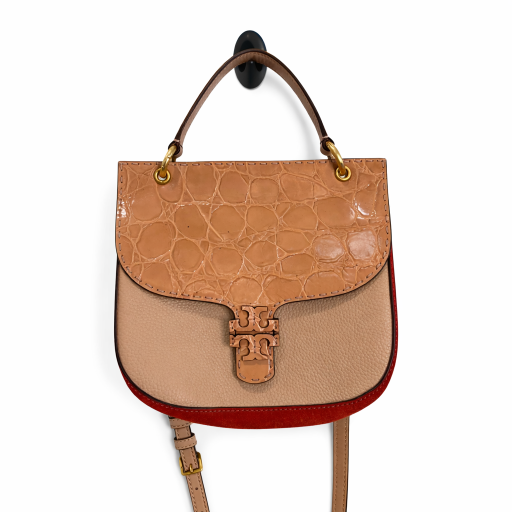 Tory Burch McGraw Embossed Leather & Suede Satchel Crossbody Bag
