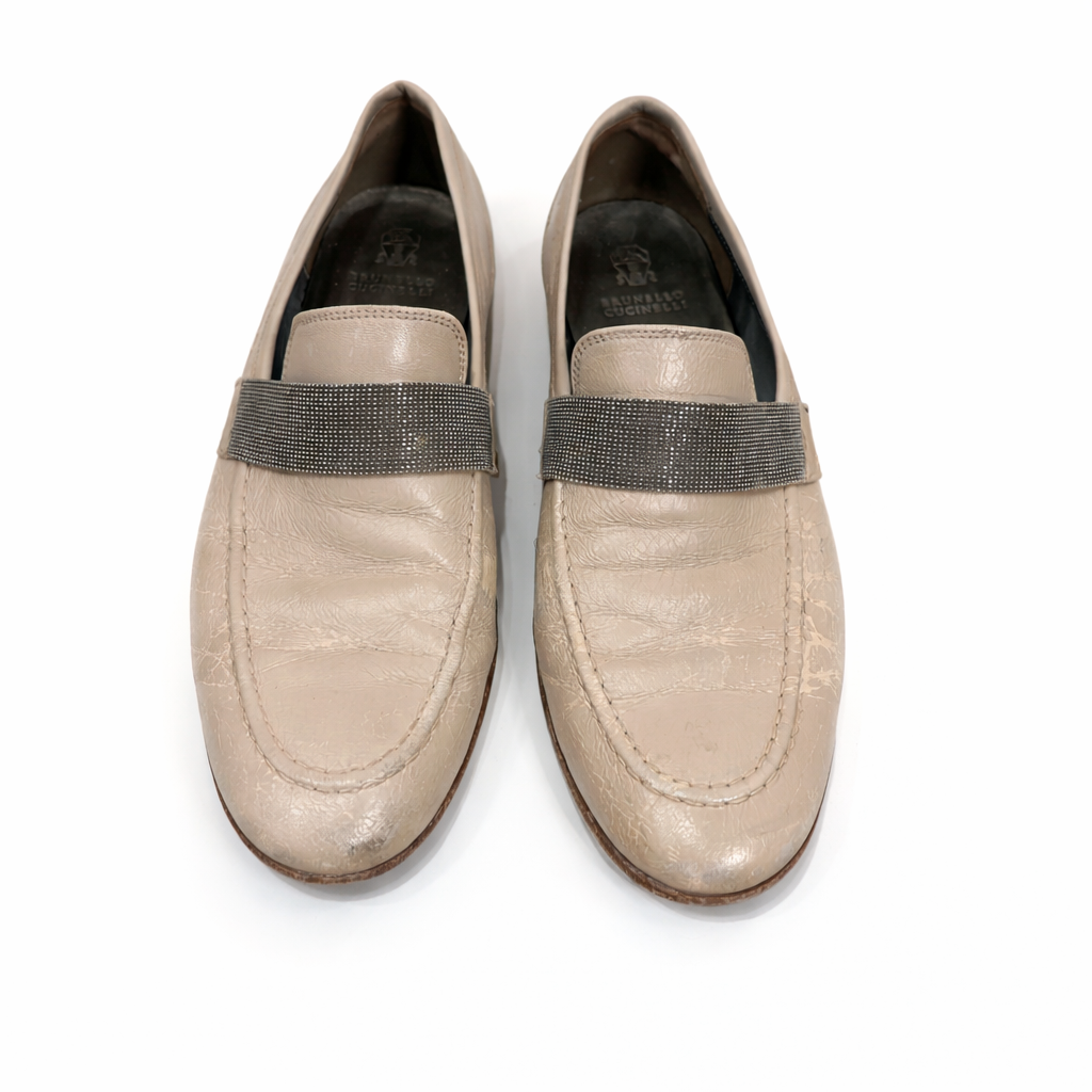 Brunello Cucinelli Leather Loafers with Monili Strap Size 37.5