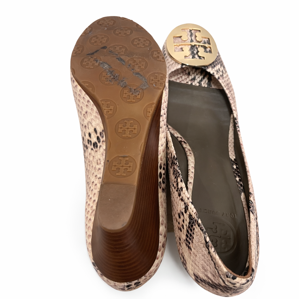Tory Burch Thea Snakeskin Peep Toe Wedge Shoes Size 10.5