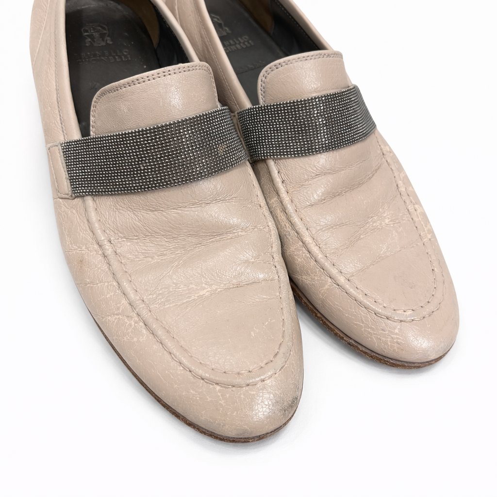 Brunello Cucinelli Leather Loafers with Monili Strap Size 37.5