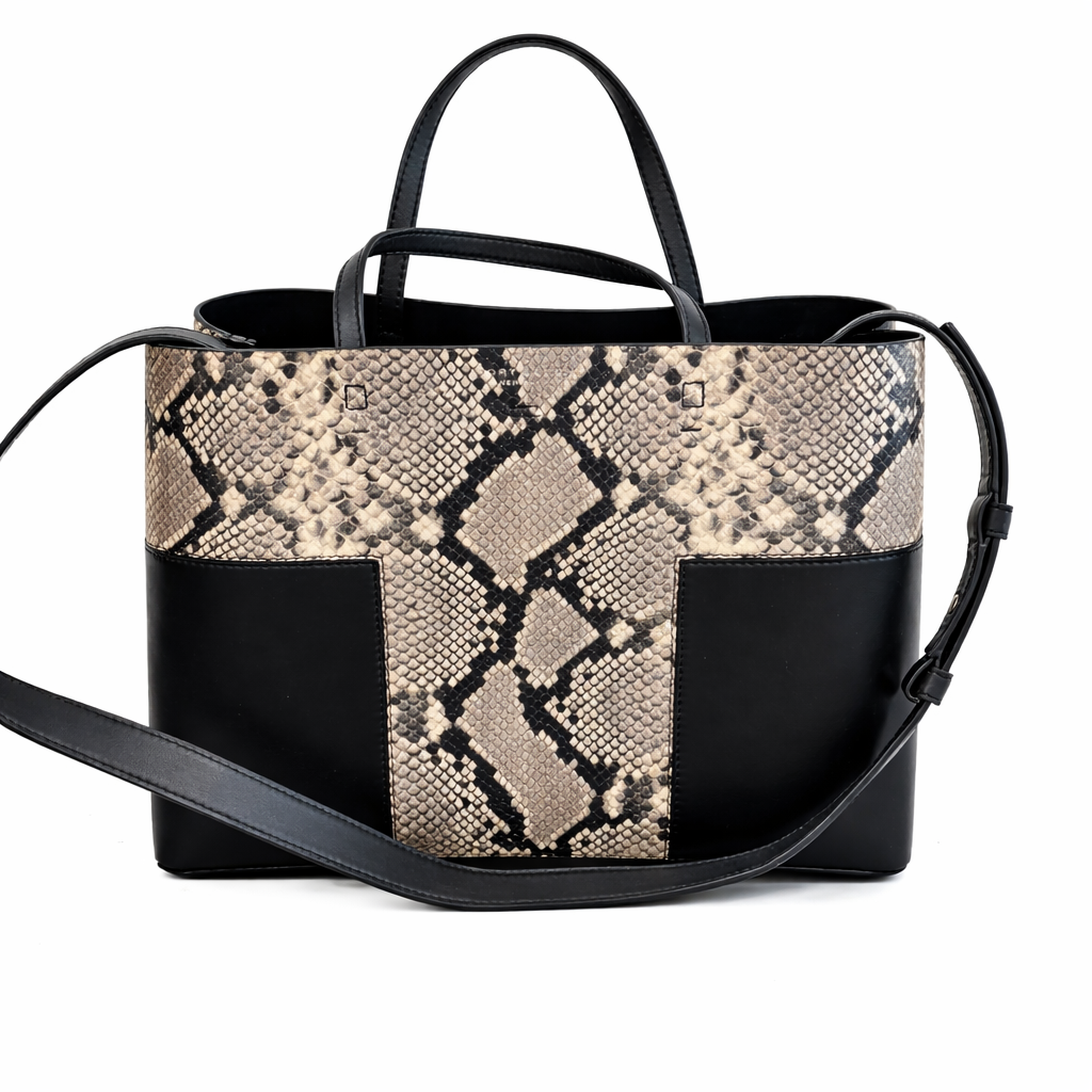 Tory Burch Block-T Triple Compartment Snake Embossed Leather Tote Black Satchel