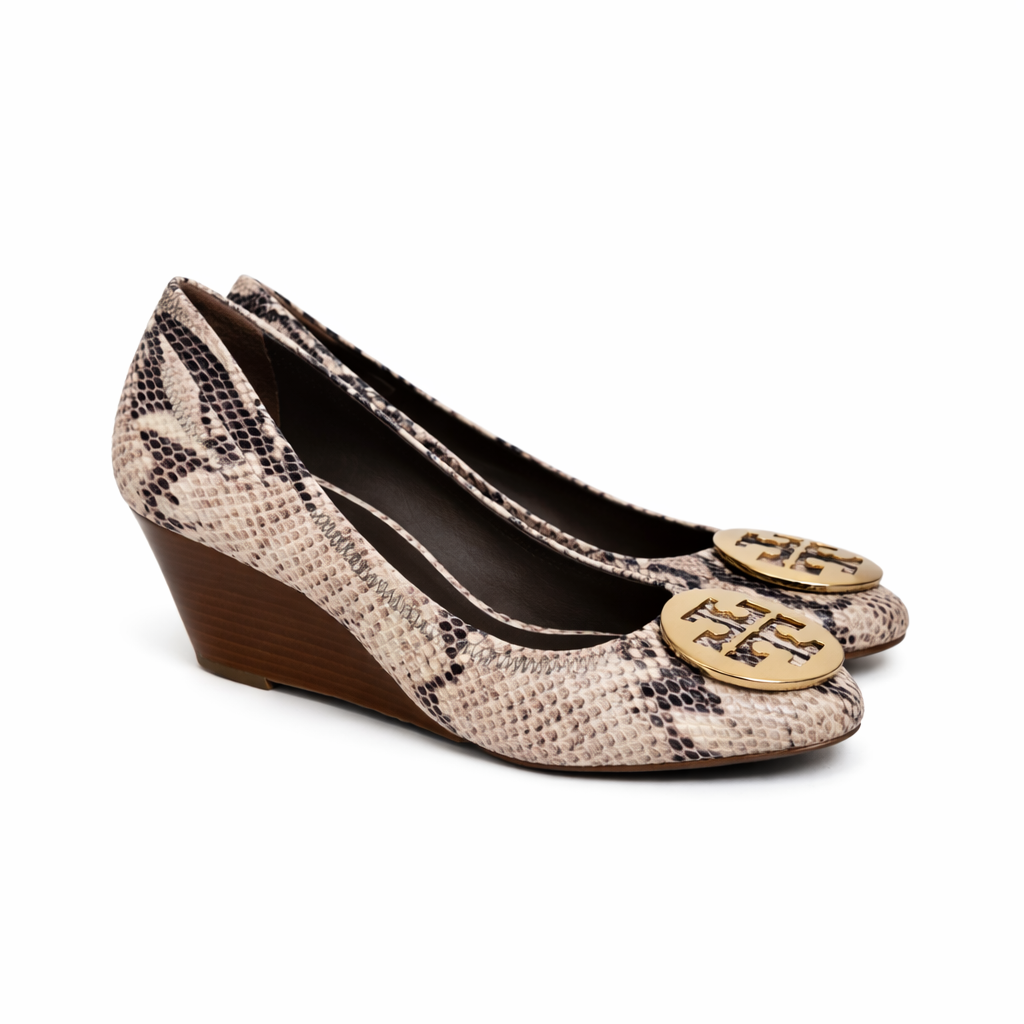 Tory Burch Thea Snakeskin Peep Toe Wedge Shoes Size 10.5