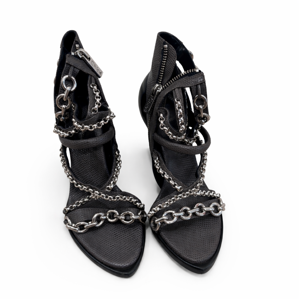 Chloé Victoria Chain Link Leather Moto Heels Size 36