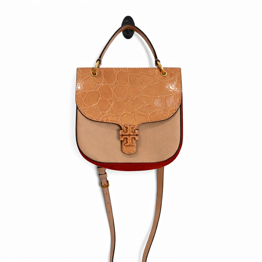 Tory Burch McGraw Embossed Leather & Suede Satchel Crossbody Bag