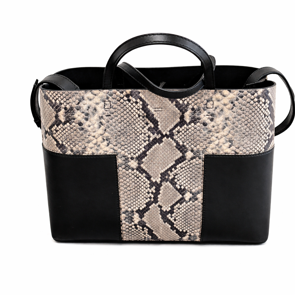 Tory Burch Block-T Triple Compartment Snake Embossed Leather Tote Black Satchel