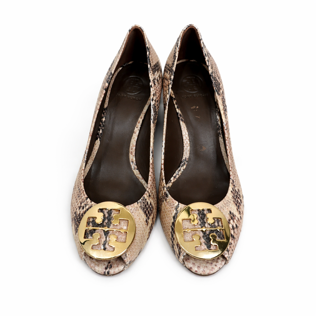 Tory Burch Thea Snakeskin Peep Toe Wedge Shoes Size 10.5