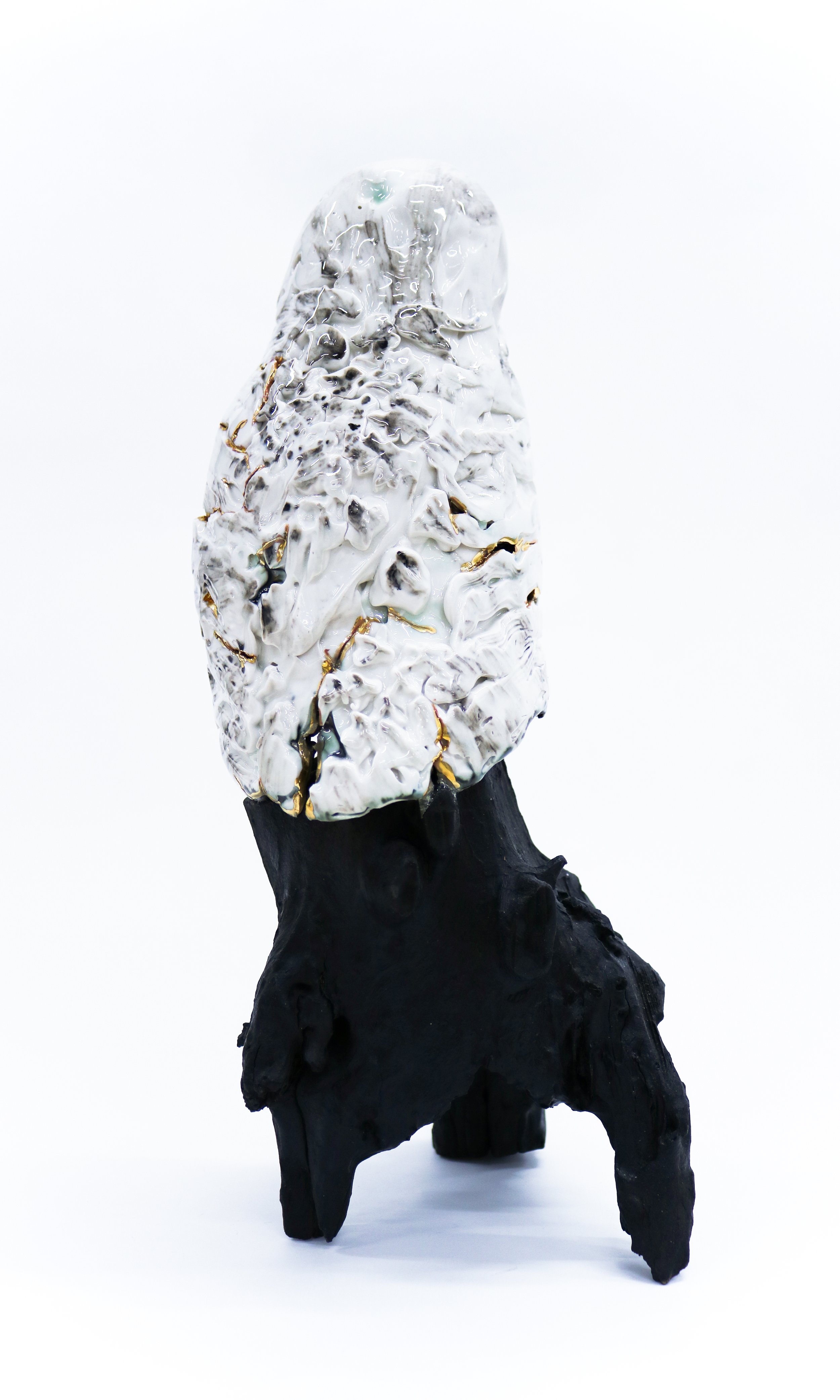 Babblings: pearl oyster 5,
ceramic, gold, wood, stan oil and mixed media, 30cm variable size, 2021