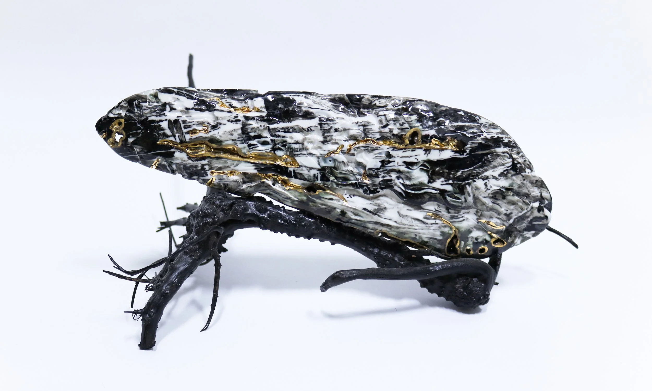 Babblings: pearl oyster 9,
ceramic, gold, wood, stan oil and mixed media, 30cm variable size, 2021