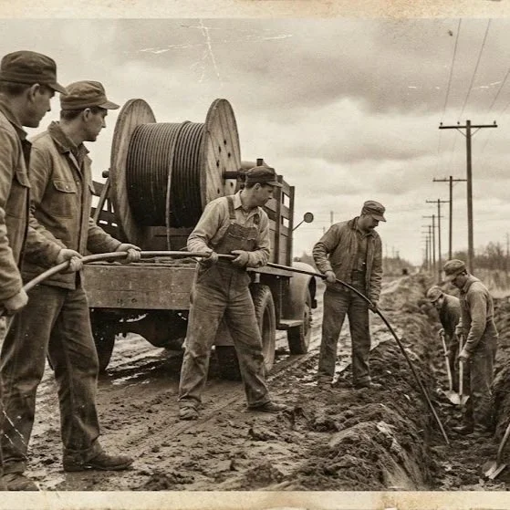A photo of a mid 20th century cable crew installing the gridwork enabling future innovation
