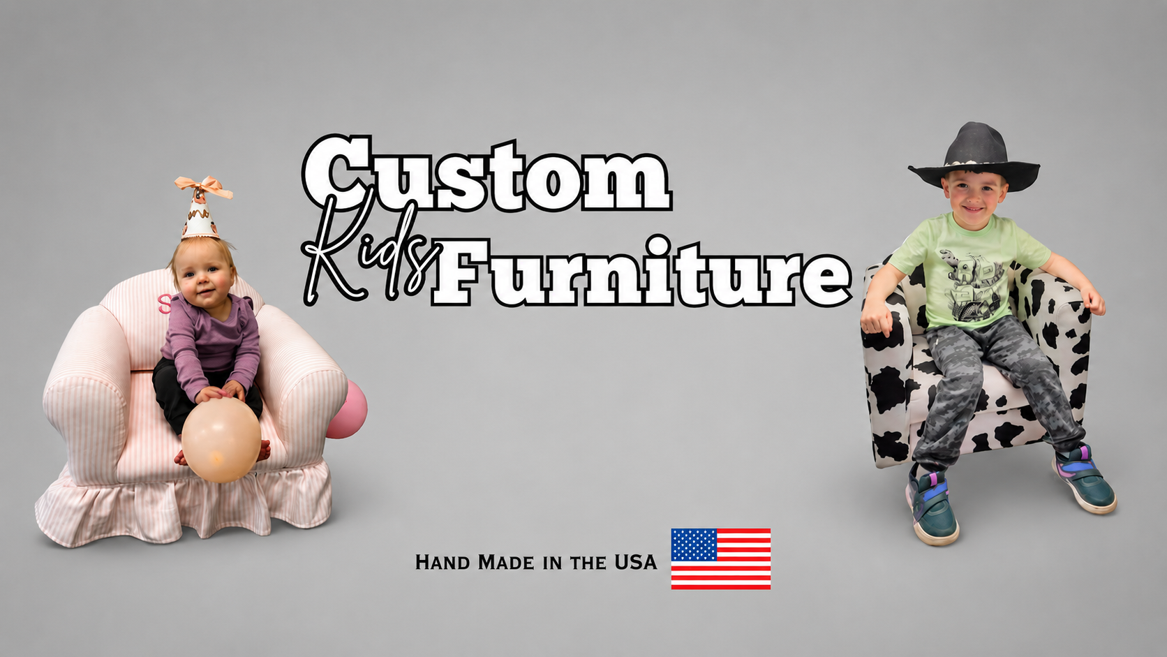 Children dressed in cowboy-themed costumes sitting on furniture, with a background sign reading "Custom Kids Furniture" and a label indicating "Hand Made in the USA" with an American flag.