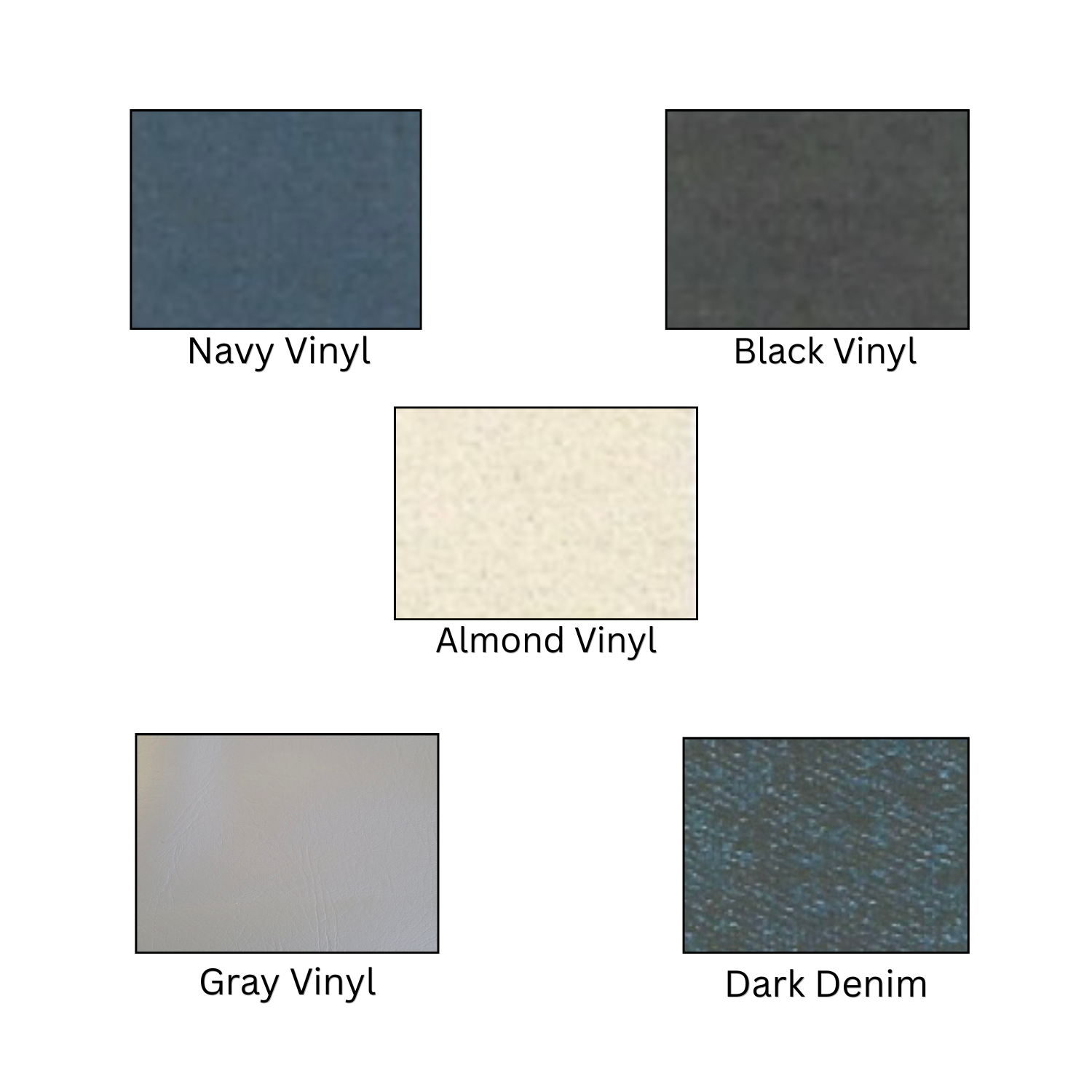 Sample color swatches with labels: Navy Vinyl, Black Vinyl, Almond Vinyl, Gray Vinyl, Dark Denim.