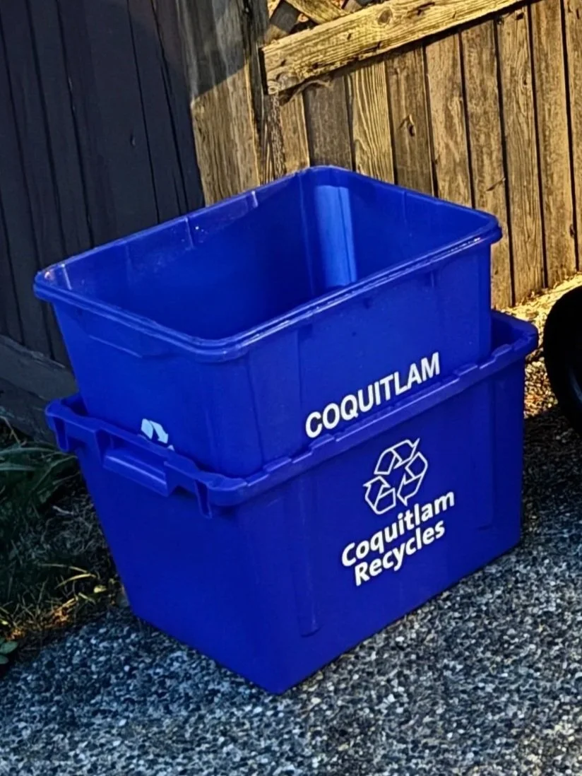 Blue recycling bins labeled 'Coquitlam Recycles' and 'Coquitlam' placed on gravel near a wooden fence.