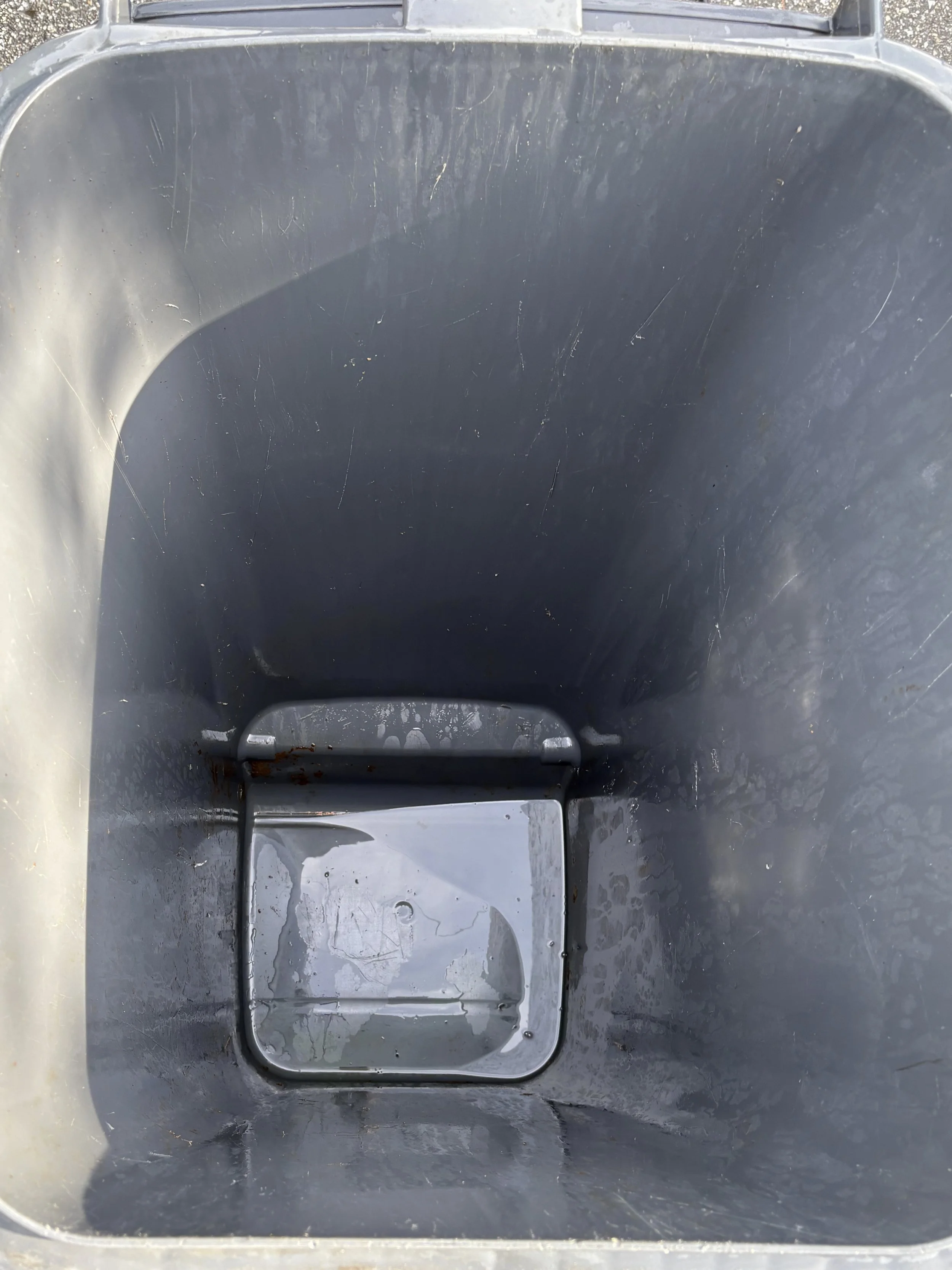 Empty, slightly dirty gray trash can with some water and residue at the bottom.