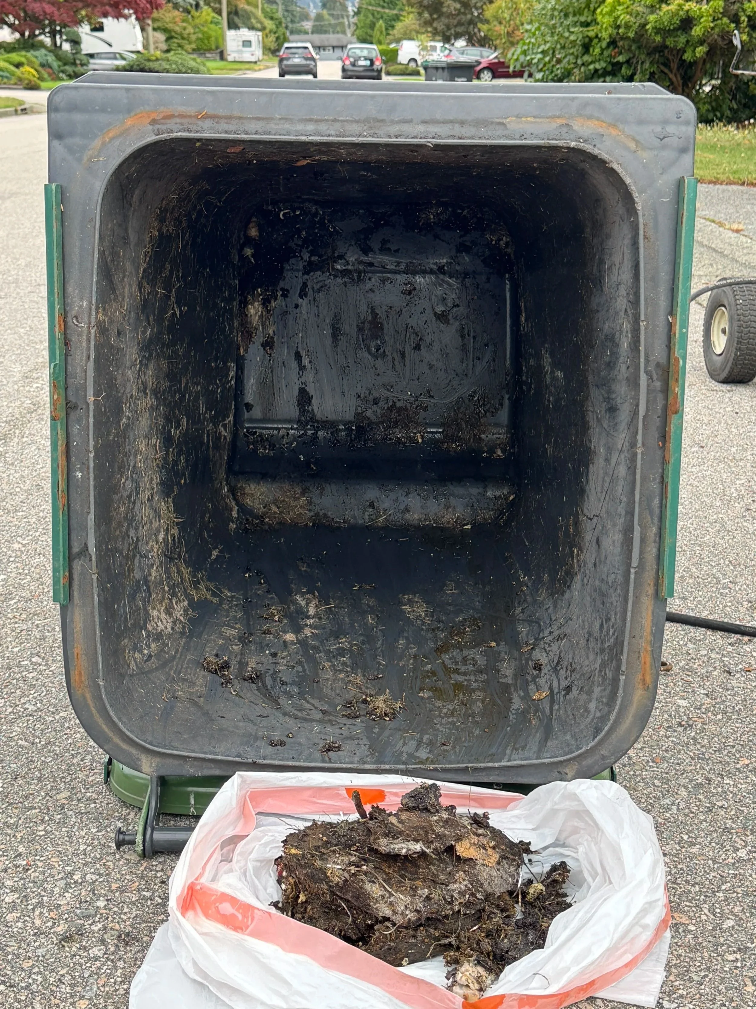 An empty, black, cleaned-out garbage bin with a pile of yard waste, such as roots and dirt, in a plastic bag in front of it. The background shows a parking lot with several cars and green trees.