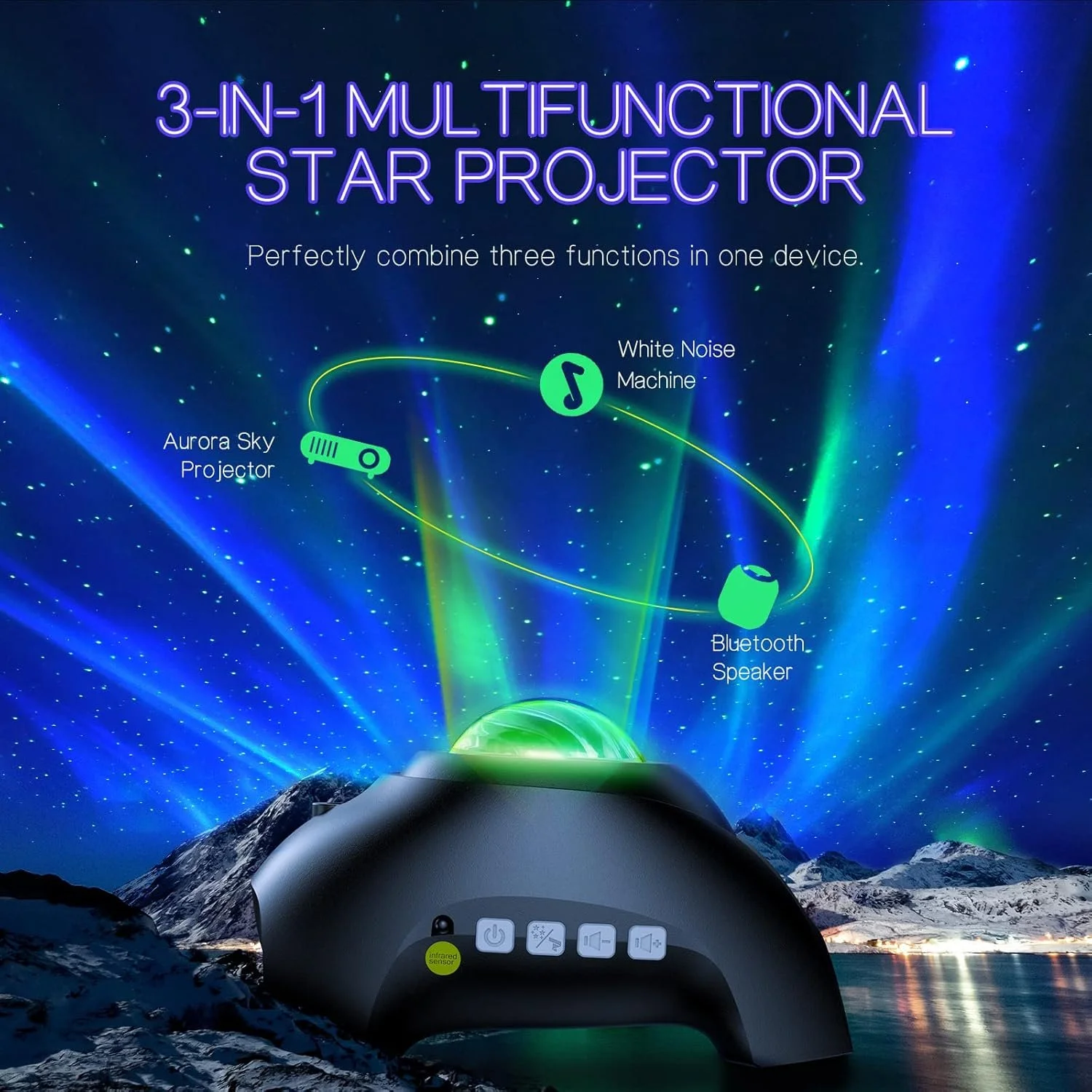 An advertisement for a 3-in-1 multifunctional star projector with a scenic background of mountains, water, and the northern lights. The projector displays aurora sky, white noise machine, and Bluetooth speaker functions, with icons and labels pointing to each feature.