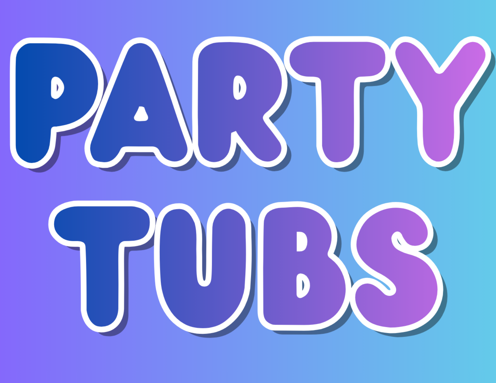 Colorful text graphic with the words "Party Tubes" in purple and blue gradient with white outlines on a gradient blue background.