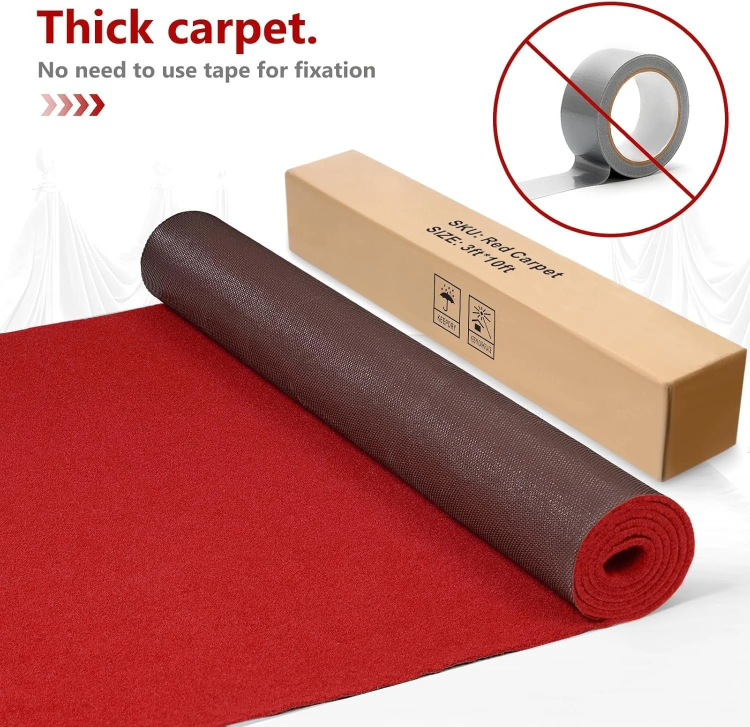 A roll of red yoga or exercise mat material, a cardboard box labeled 'Skyl Red Carpet' with size 3 ft by 10 ft, and a roll of dark gray adhesive tape with a no-tape symbol in the upper right corner.