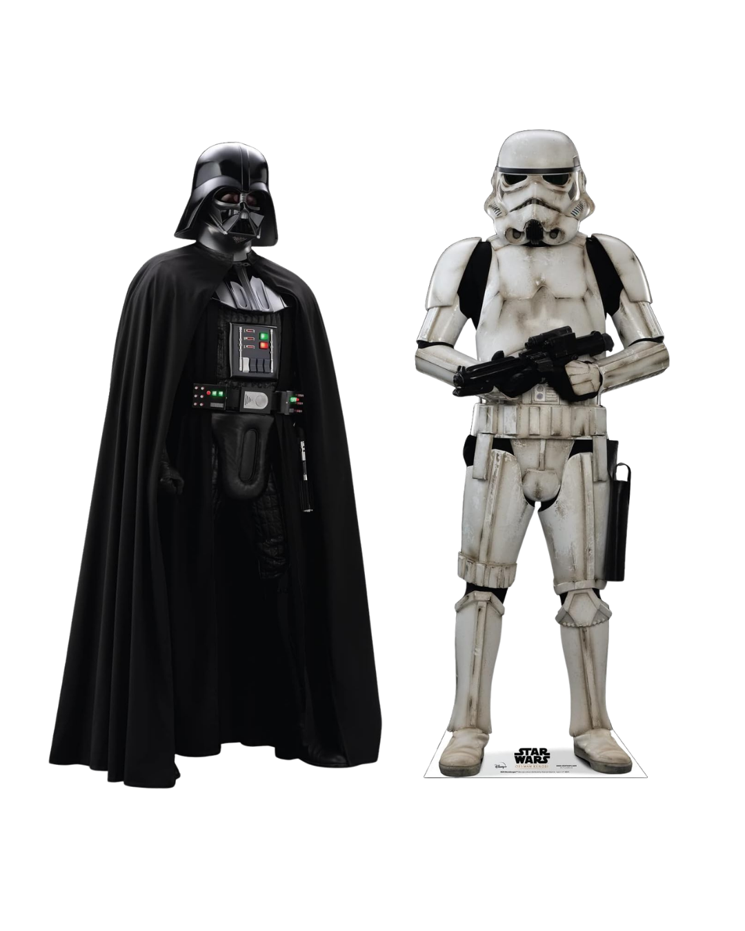 Darth Vader and a stormtrooper costume in a display. Darth Vader is dressed in black armor with a cape, and the stormtrooper is in white armor holding a blaster.