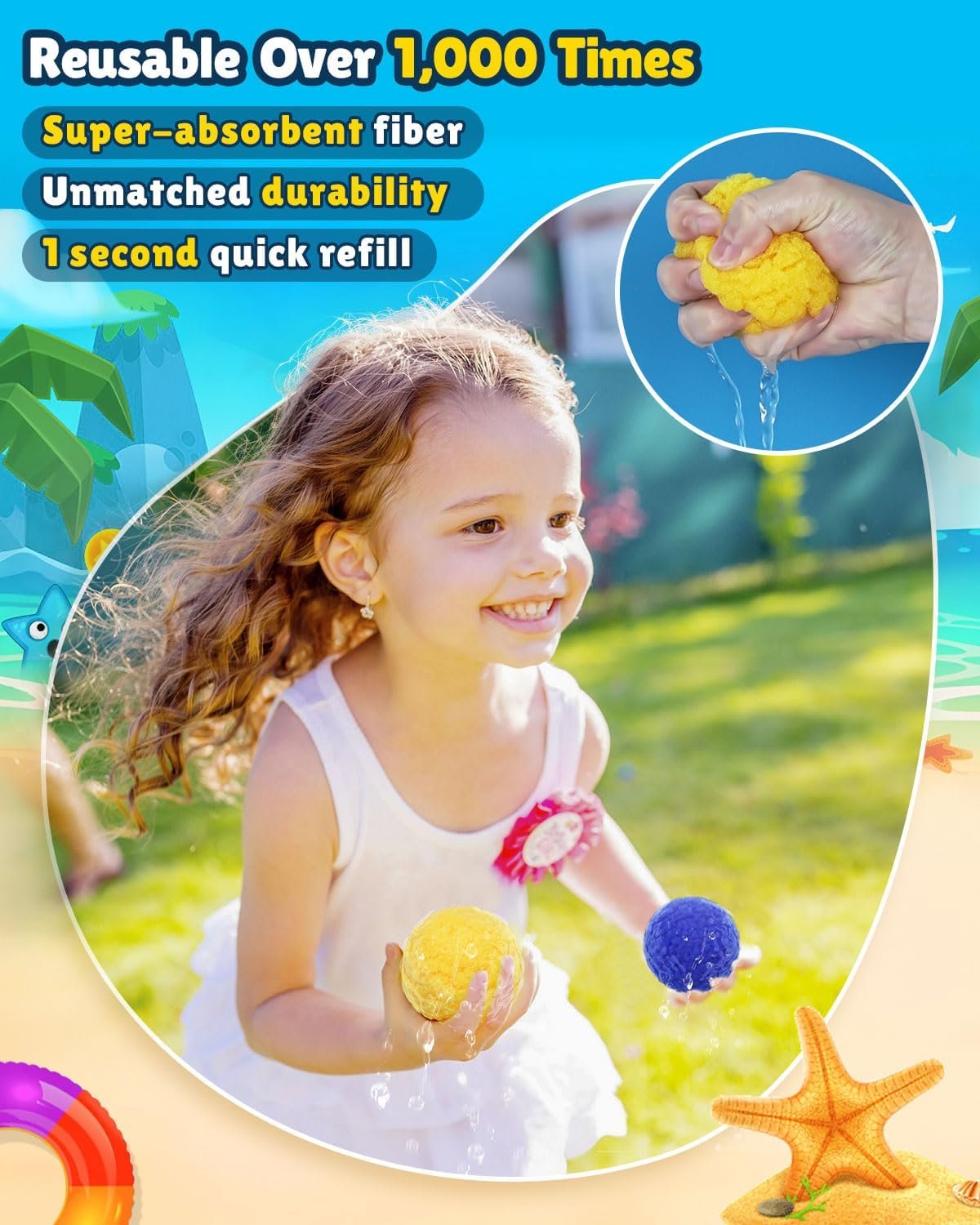 A smiling young girl playing outdoors, holding a yellow and a blue water toy, with a beach-themed background and text promoting a reusable, super-absorbent fiber product.