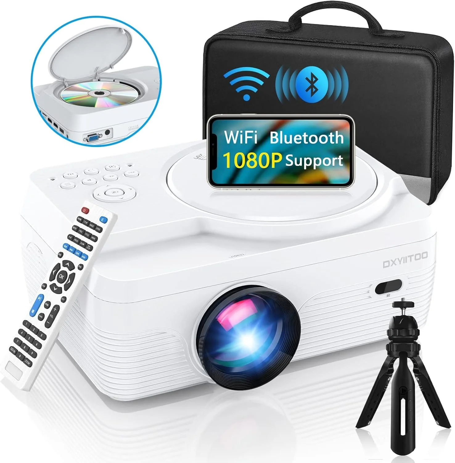 Portable mini projector with WiFi and Bluetooth support, remote control, carrying case, and mini tripod