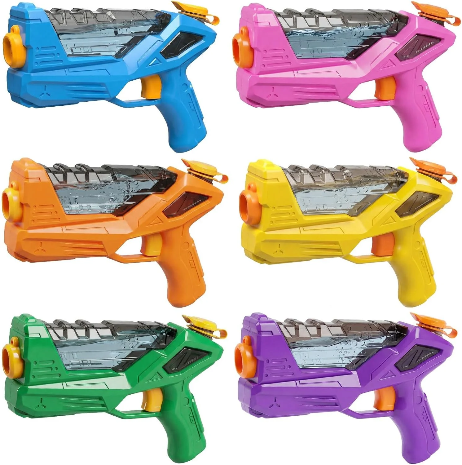 Six colorful water guns in blue, pink, orange, yellow, green, and purple, each with a transparent water reservoir, orange trigger, and yellow cap for refilling.