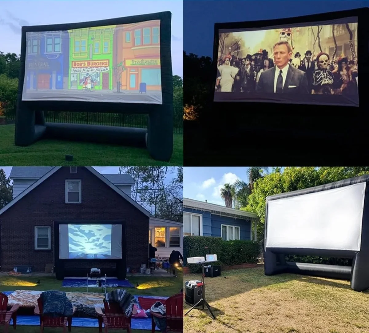 Four outdoor inflatable movie screens displaying different films, set up in various backyards during evening or daytime. The screens showcase animated, live-action, and animated content, with chairs and blankets for viewers.