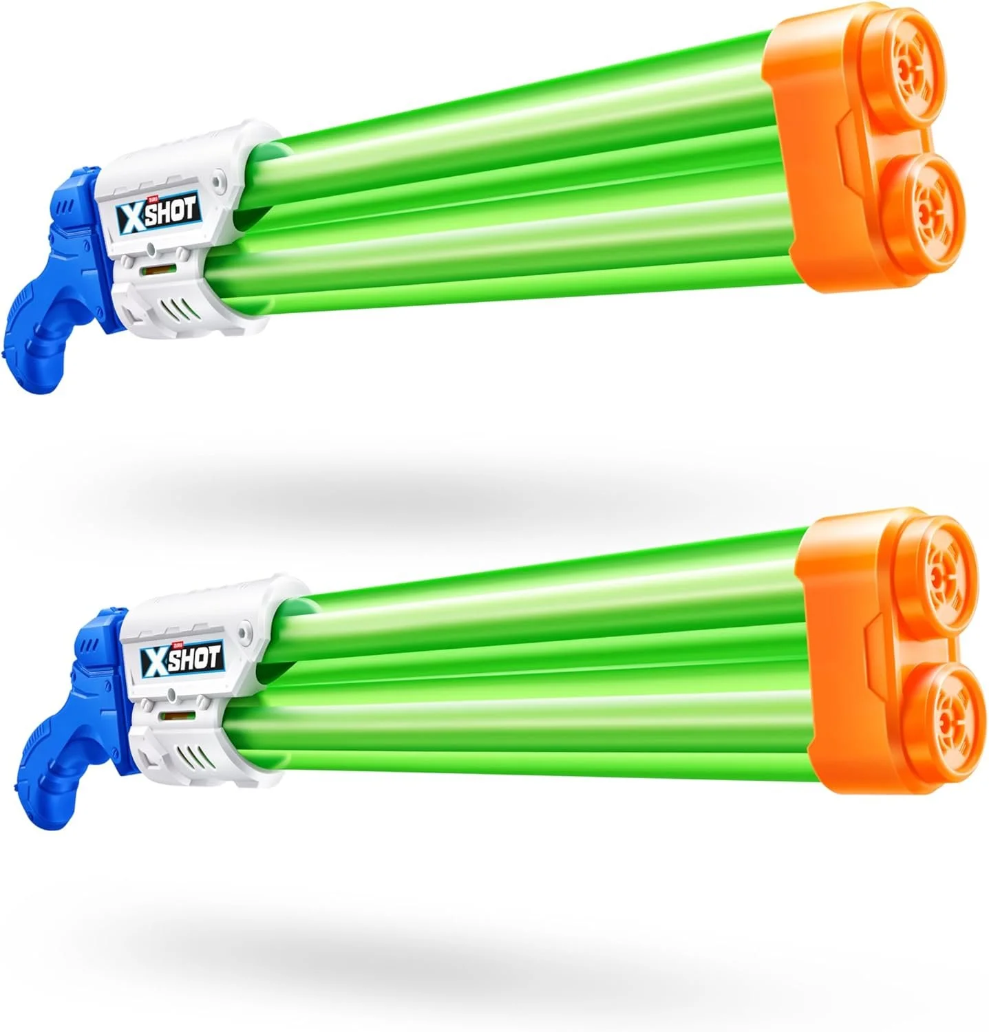Two toy foam dart guns with green darts, blue handles, and orange tips, positioned horizontally.