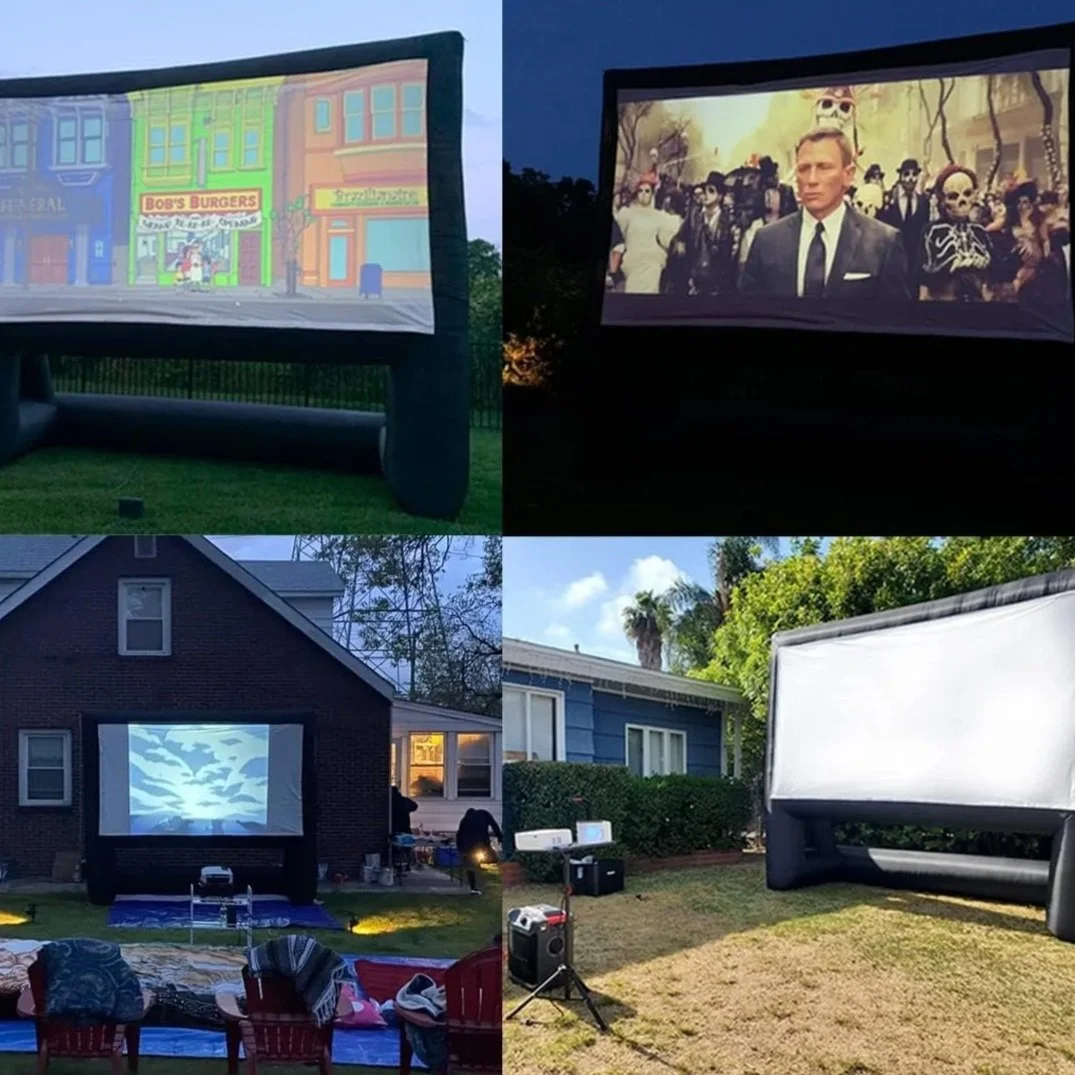 Four outdoor backyard movies screens displaying different films during the evening and daytime.