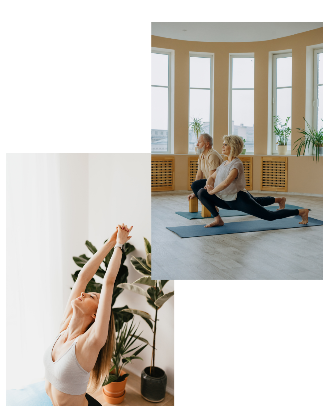 A woman practicing yoga in front of a large window with plants, and a group of two people in a yoga class performing a lunge pose in a bright studio with large windows and natural light.