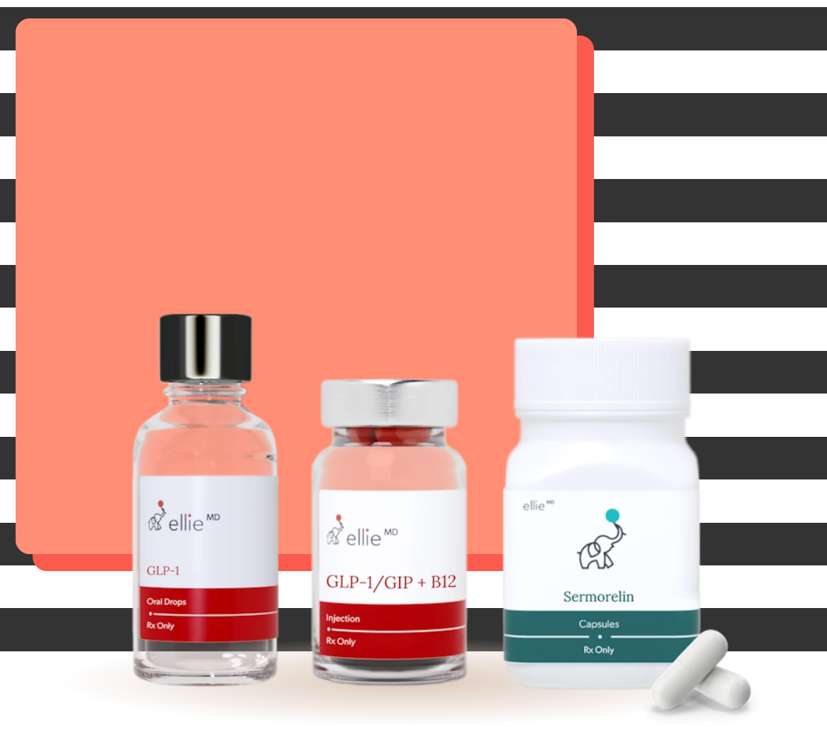Three bottles of medical medication with labels reading 'ellie MD', 'GLP-1', 'GLP-1/GIP + B12', and 'Sermorelin', set against a styled background with black and white stripes and a peach-colored rectangle.