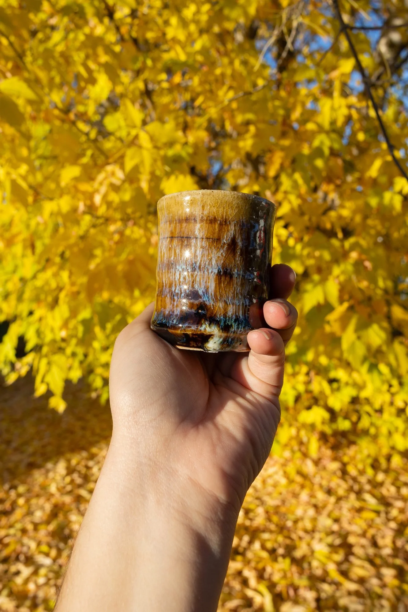 A hand holding a small amber and blue glazed cup up against bright yellow fall leaves