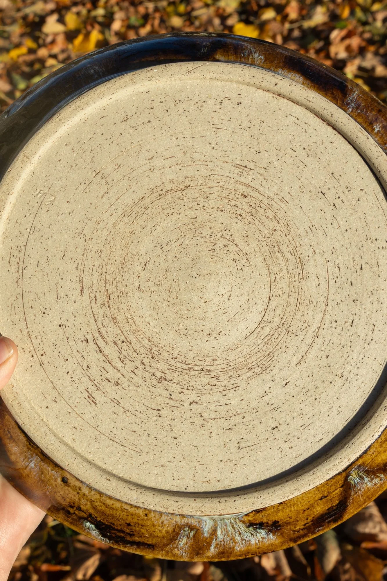 A hand holding up a plate to show its unglazed foot ring and throwing rings