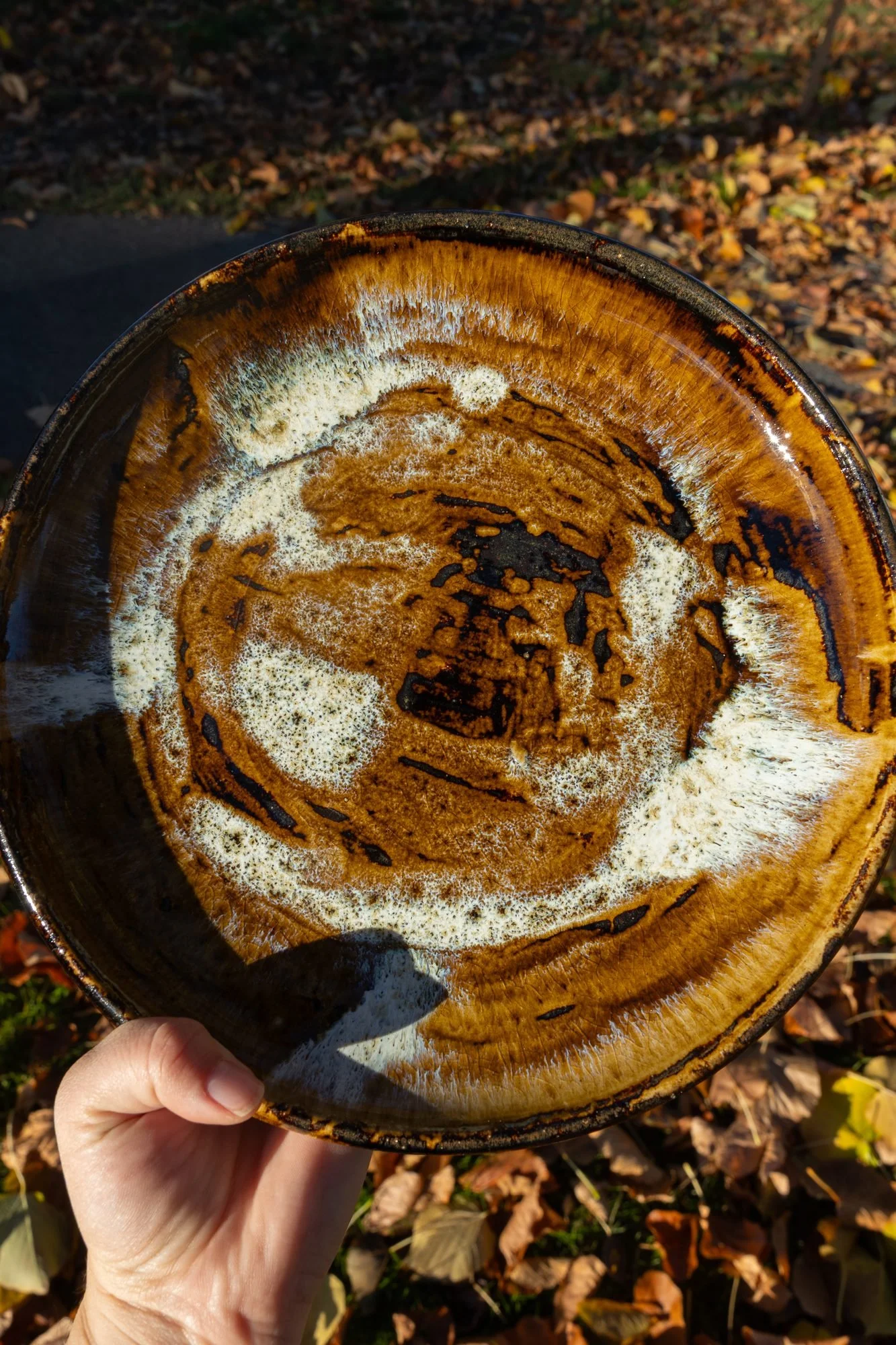 A hand holding a glazed plate with swirls of amber, white and dark brown over fall leaves