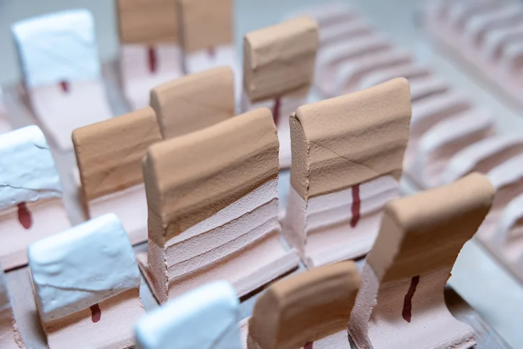 Small clay test tiles standing in rows to dry