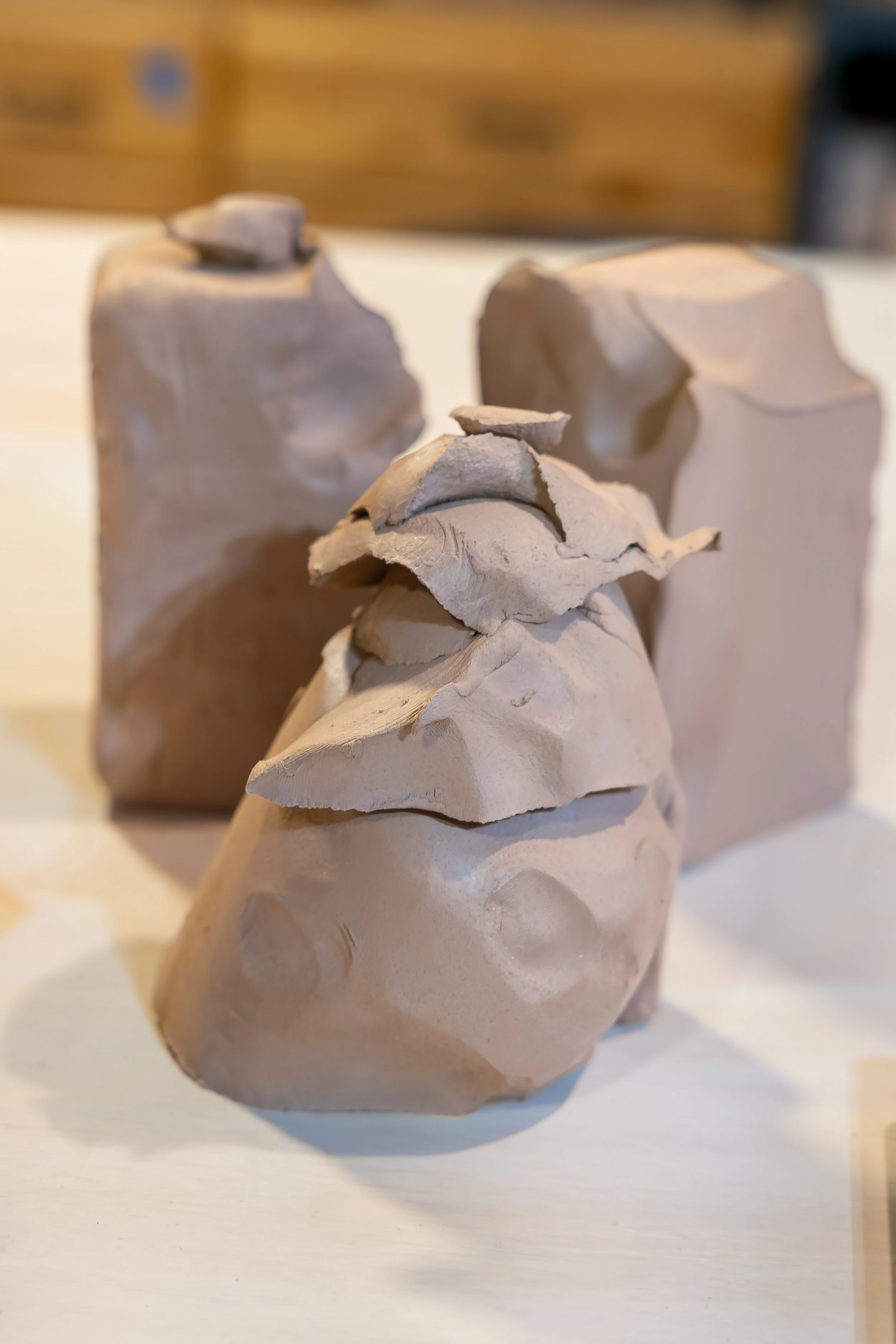 Blocks of wrapped clay on a studio table