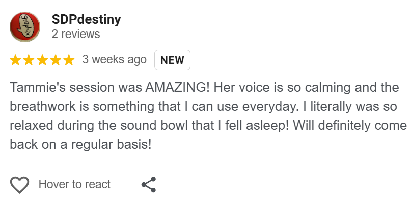 Review for SDPdestiny, five stars, praising Tammie's calming voice and breathwork session.