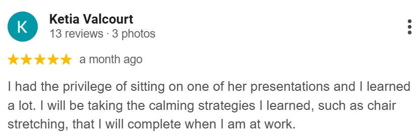 Screenshot of a Facebook review by Ketia Valcourt, 5 stars, praising a presentation and mentioning she learned calming strategies.