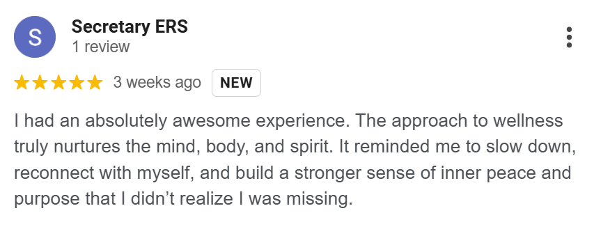 Five-star review from Secretary ERS praising an experience that nurtures the mind, body, and spirit, encouraging slowing down, self-connection, and inner peace.