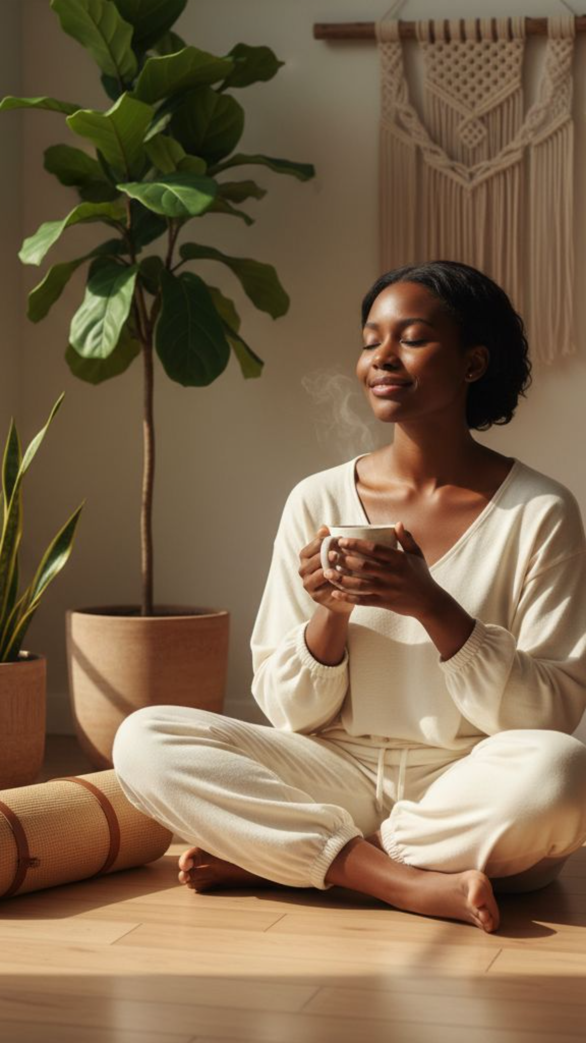 A woman sitting cross-legged on a wooden floor, holding a steaming cup, with closed eyes and a content expression, in a cozy room with large indoor plants and a decorative wall hanging.