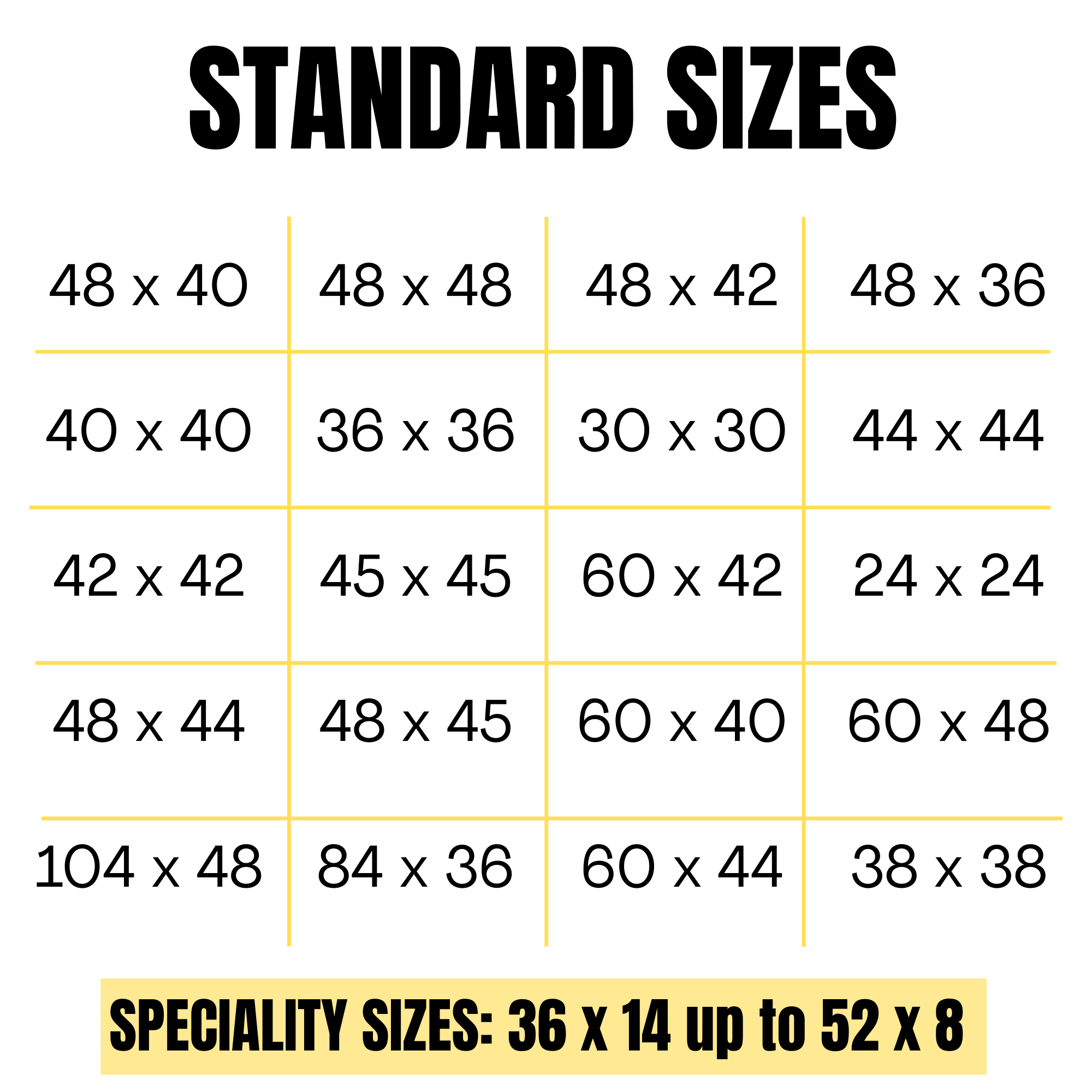 Chart titled 'Standard Sizes' showing various mattress dimensions in inches, organized in a grid with no color fill, and yellow lines separating rows and columns. There is a yellow highlighted note at the bottom that reads 'Specialty Sizes: 36 x 14 up to 52 x 8'.