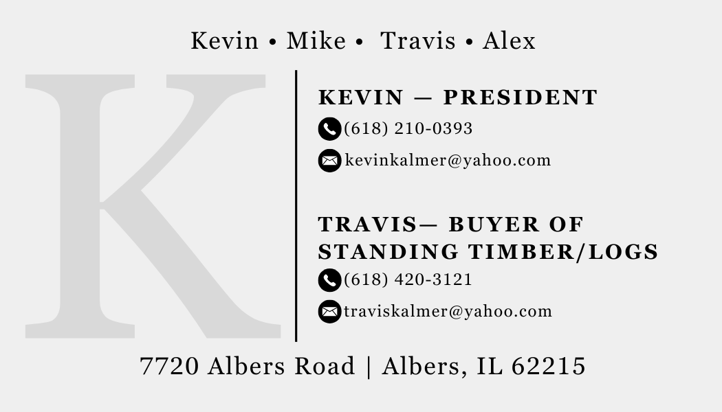 Business card for Kevin, president, and Travis, buyer of standing timber/logs. The card includes their contact information with phone numbers and email addresses, and the address 7720 Albers Road, Albers, IL 62215.