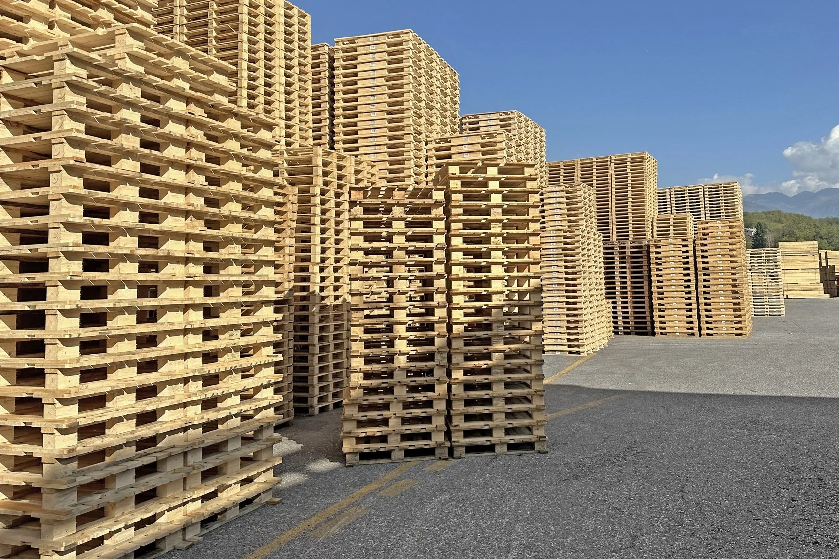 Stacked wooden pallets arranged in an outdoor storage area under a blue sky.