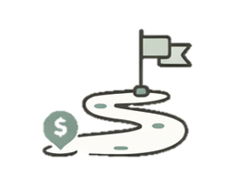 A winding path leading to a flag on a pole with a dollar sign at the start