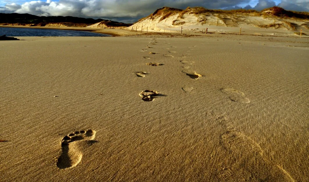 Footprints in the sand on a beach, with a body of water on the left and sand dunes in the background