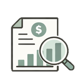 A financial document with a dollar sign, and a magnifying glass examining bar graphs.