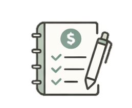 Checklist with a pen, featuring a circular icon with a dollar sign at the top.